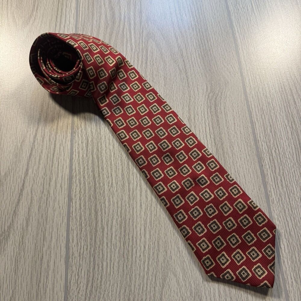 Vintage Brooks Brothers Makers Silk Neck Tie Burgandy Geometric AOP Made in USA